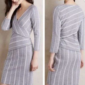 Anthropologie Maeve Striped Amelia Faux Wrap Column Dress, Blue White XS